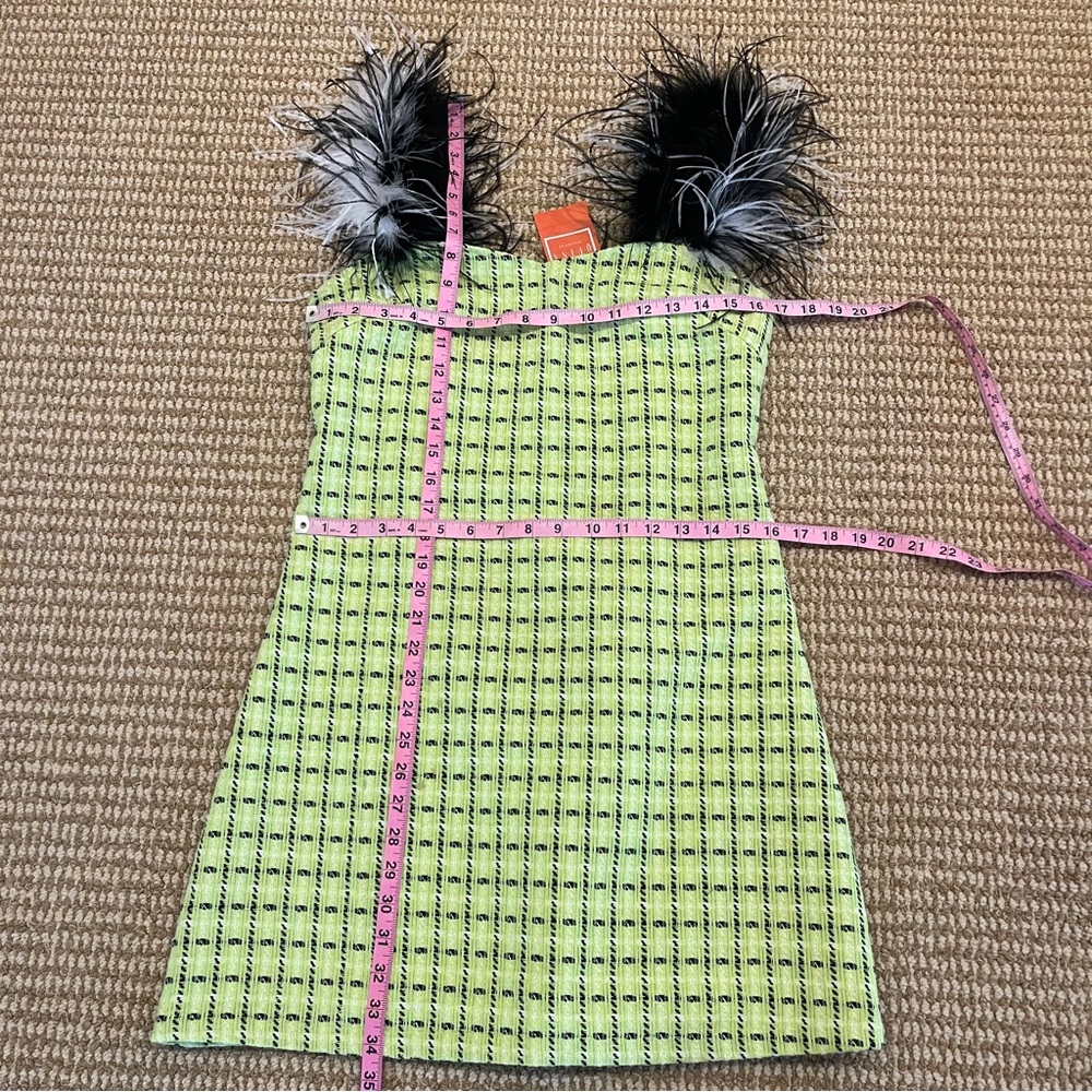 Queen of Sparkles Neon Lime Tweed Feather Strap Dress Medium NWT - Picture 4 of 10